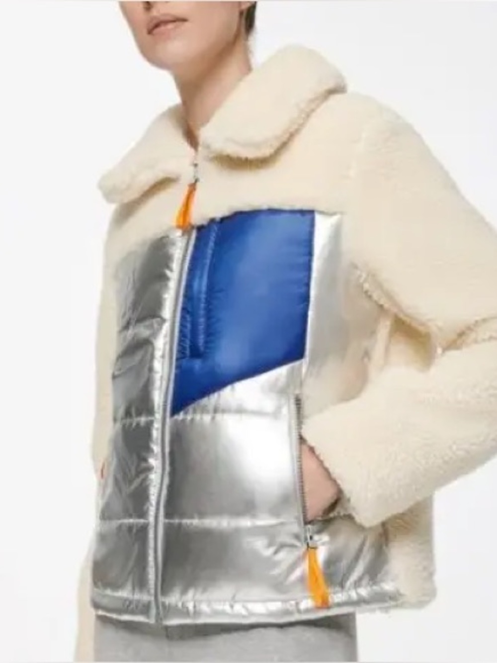Marc New York Metallic Silver Puffer with Cream Sherpa and Navy Pocket